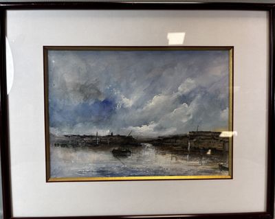 painting of a boat in a body of water under a cloudy sky
