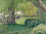 a painting of a park with people walking on the path