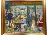 an oil painting of a group of people sitting around a table