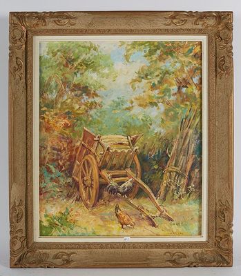 une peinture à l'huile représentant une calèche tirée par des chevaux dans un décor boisé