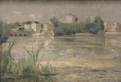 a painting of a river scene with buildings in the background