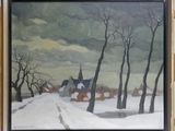 une photo d'un tableau représentant un village sous la neige