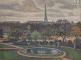 painting of a view of the eiffel tower from the top of a hill
