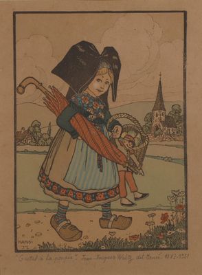 une vieille photo d'une petite fille tenant un parapluie et un panier
