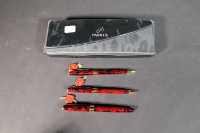 three pens sitting next to each other on a table