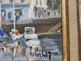 a painting of a street scene with people walking by