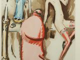 an image of a painting of a woman in a red dress and a man with a camera