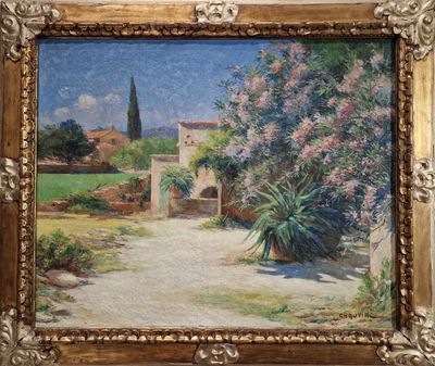 une peinture à l'huile représentant une scène de jardin avec un portail et des fleurs