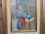 painting of a little girl holding a cup of tea in a gold frame