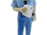 figurine of a man in a blue uniform holding a piece of paper