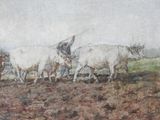a painting of a man plowing a field with two oxen