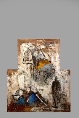 peinture abstraite représentant un homme et une femme assis sur un banc