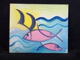 une peinture représentant un voilier et des poissons dans l'eau