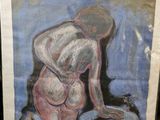 tableau représentant une femme nue assise sur une chaise devant un fond bleu