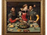 a painting of a group of people sitting around a table with food