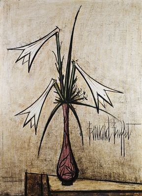 tableau représentant un vase rempli de fleurs posé sur une table