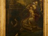 an image of a painting of a woman and a dog in a landscape