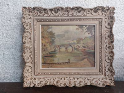 an old picture of a painting of a bridge over a body of water
