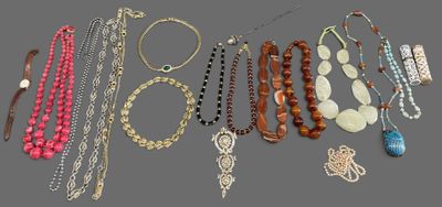 Plusieurs colliers et bracelets différents sont disposés sur un support gris.