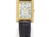 an image of a gold and diamond watch with a black leather strap
