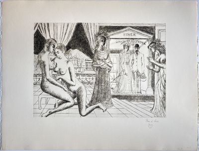 a black and white drawing of a woman in a room