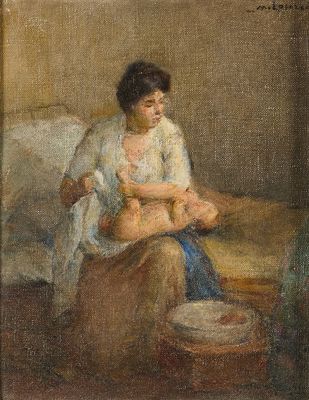 an image of a painting of a woman breasting a baby