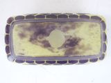 a purple and yellow plate with a white apple on it