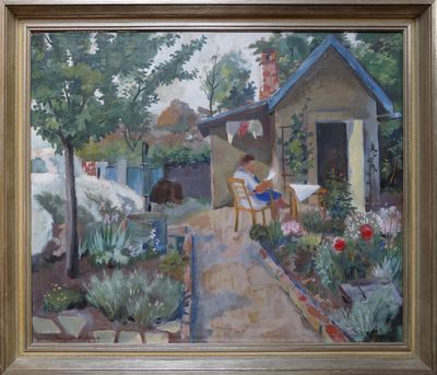 un tableau représentant une femme assise à une table dans un jardin