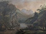 painting of a mountain landscape with a river in the foreground and a boat in the foreground