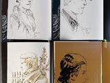 four books with drawings of women in hats on them sitting on a table