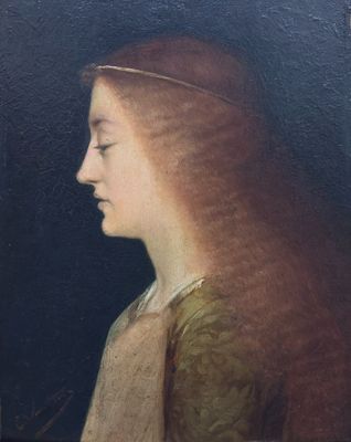 a painting of a woman with long red hair and a green dress