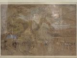 dessin représentant un paysage avec des chevaux et une maison au loin