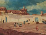 a painting of a village scene with people and a horse