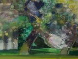a painting of a woman sitting on a bench under a tree