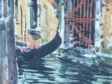 a painting of a gondola going down a canal