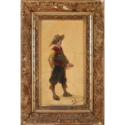 un tableau représentant un homme coiffé d'un chapeau et vêtu d'une robe, tenant un panier