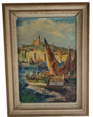 an oil painting of boats in a harbor with a castle in the background