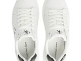 white leather sneakers with logo on the side