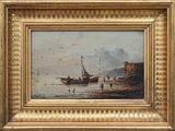 painting of a boat in a body of water with people on the shore
