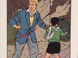 cartoon of a man and a woman walking down a street with a kite