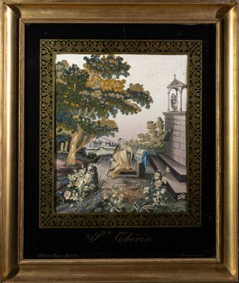 une image représentant un tableau où l'on voit une femme assise sur un banc dans un jardin