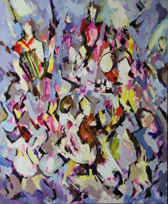 abstract painting of flowers in a vase on a purple background