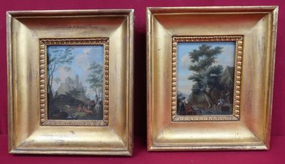 deux tableaux encadrés représentant une scène boisée avec des personnages dans un décor boisé