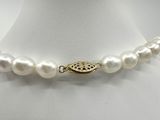 a close up of a white pearl necklace on a mannequin