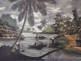 a picture of a painting of people on boats in the water