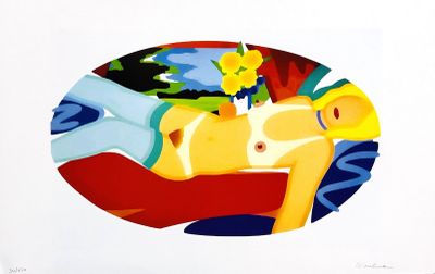 a painting of a woman laying on a bed with flowers in her hair