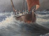 a painting of a boat in the ocean with people on it