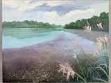 a painting of a painting of a lake and some grass