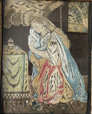 a picture of a painting of a woman sitting on a chair