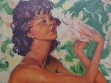an oil painting of a woman holding a flower in her hand